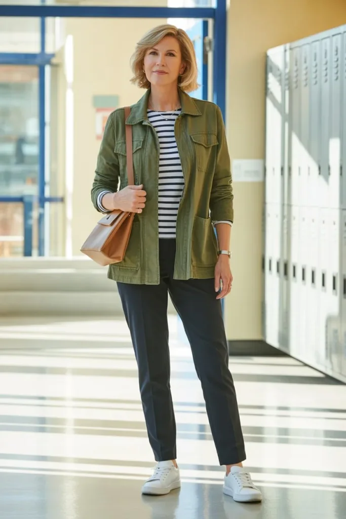 Olive Utility Jacket and Black Ponte Pants