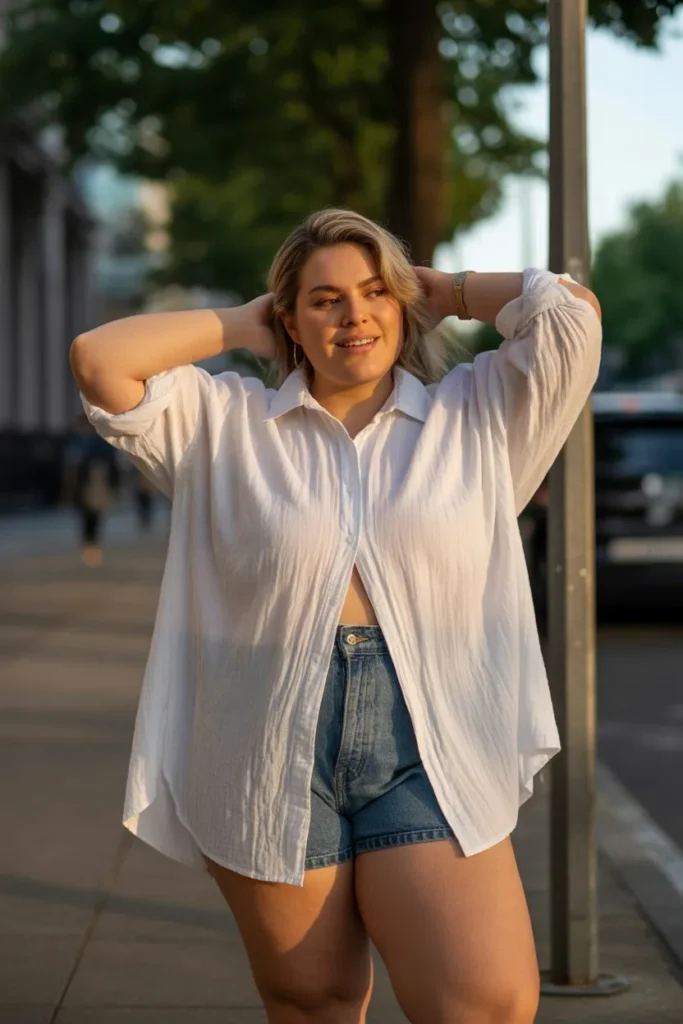 Oversized Button Shirt with Denim Shorts