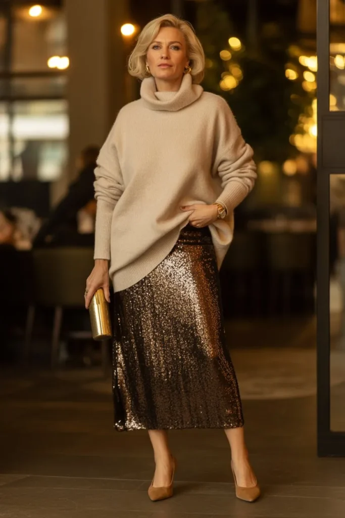 Oversized Cream Turtleneck and Bronze Sequined Midi