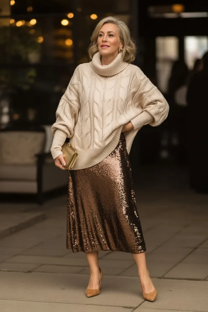Oversized Turtleneck and Sequined Midi Skirt
