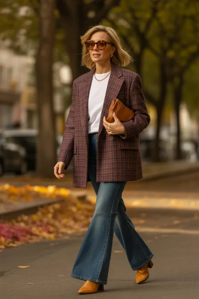 Plaid Blazer and Dark Wash Flare Denim