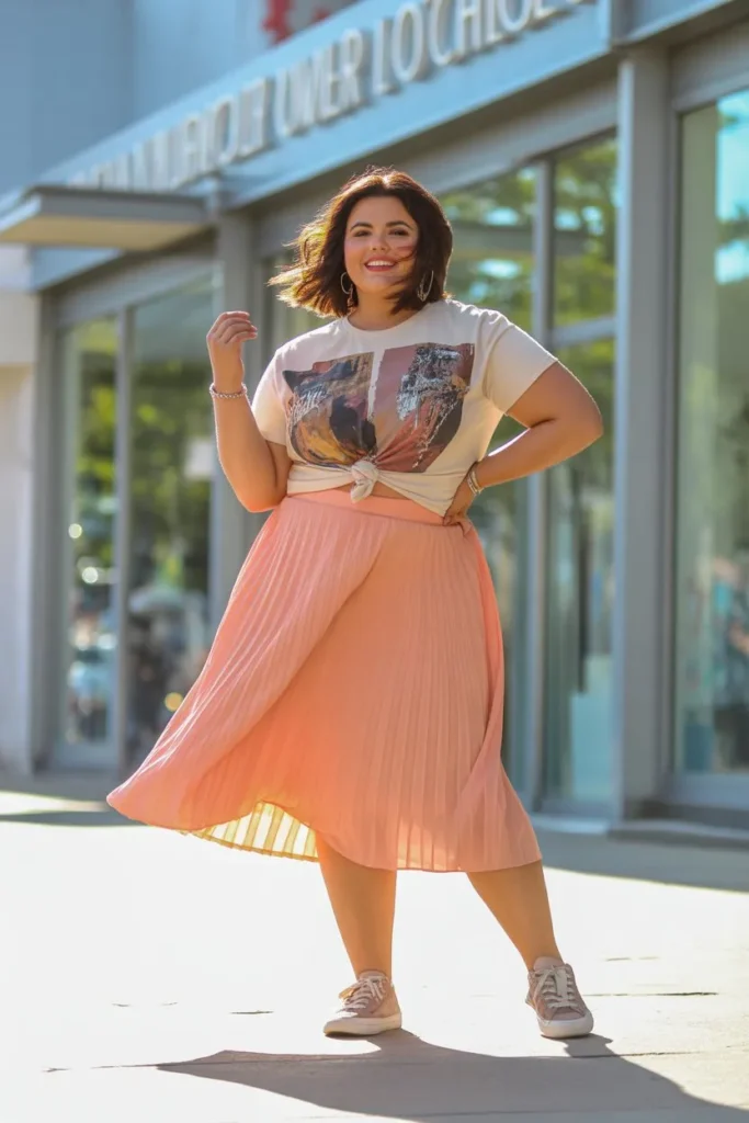 Pleated Midi Skirt with Graphic Tee