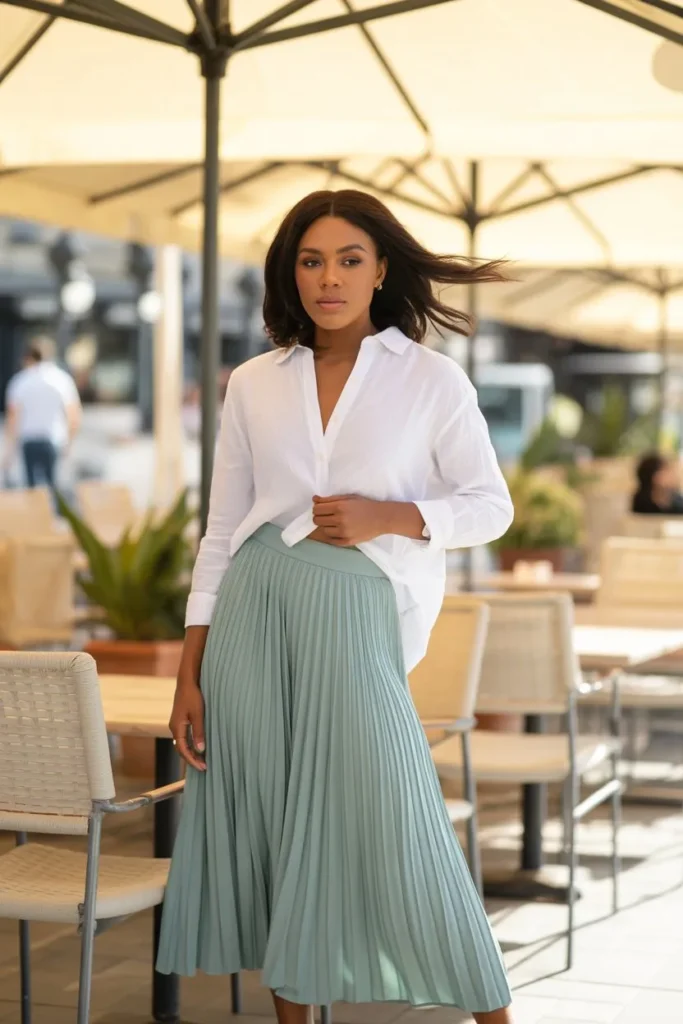 Pleated Skirt with Button-Down Shirt