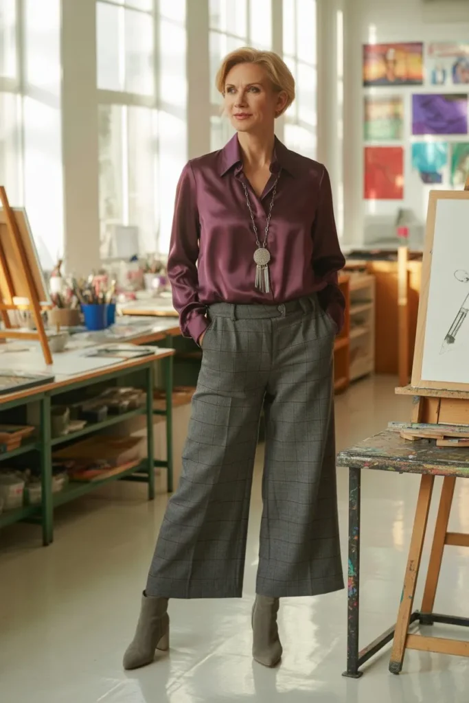 Plum Silk Shirt and Grey Plaid Culottes