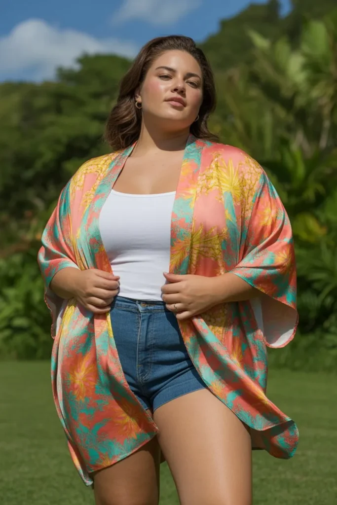 Printed Kimono with Basic Top and Shorts