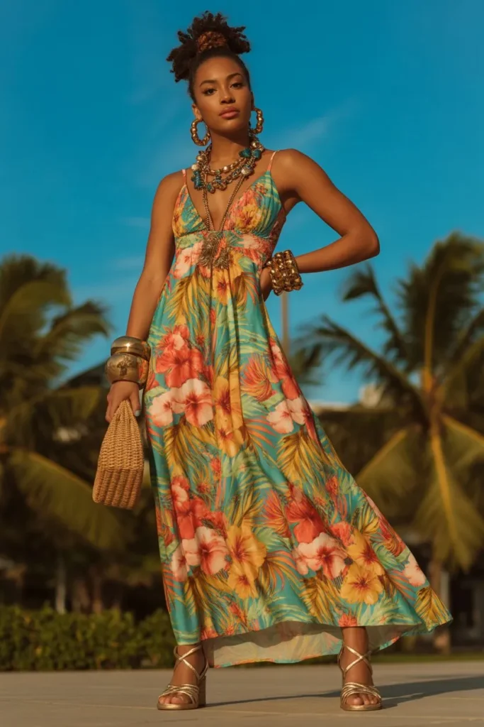 Printed Maxi Dress with Statement Accessories