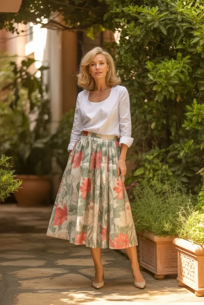 Printed Midi Skirt with Simple Top Balance