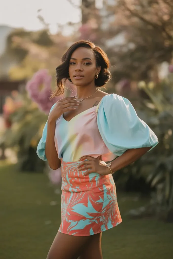 Printed Mini Skirt with Puff Sleeve Top