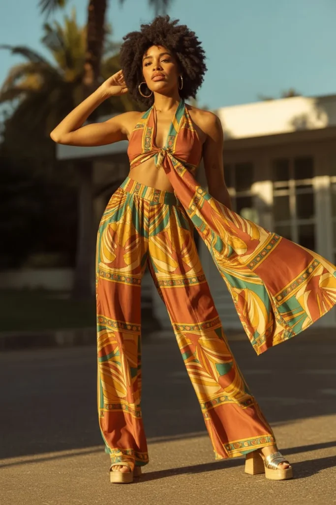 Printed Wide-Leg Pants with Halter Top