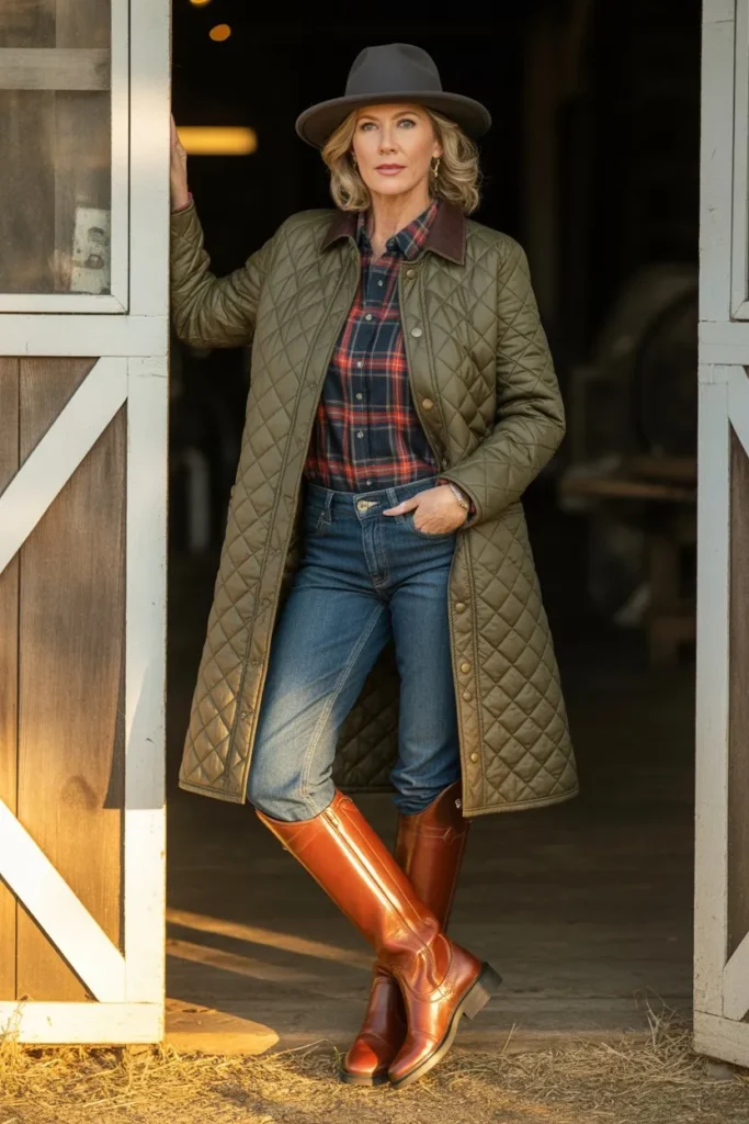 Quilted Olive Barn Coat and Straight Indigo Denim