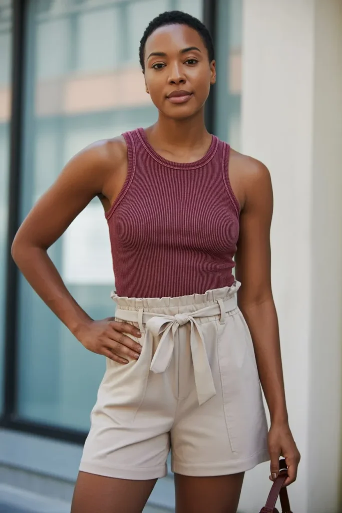 Ribbed Tank with Paperbag Waist Shorts