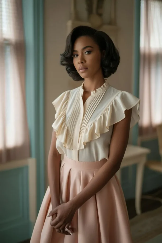 Ruffled Blouse with High-Waisted Skirt