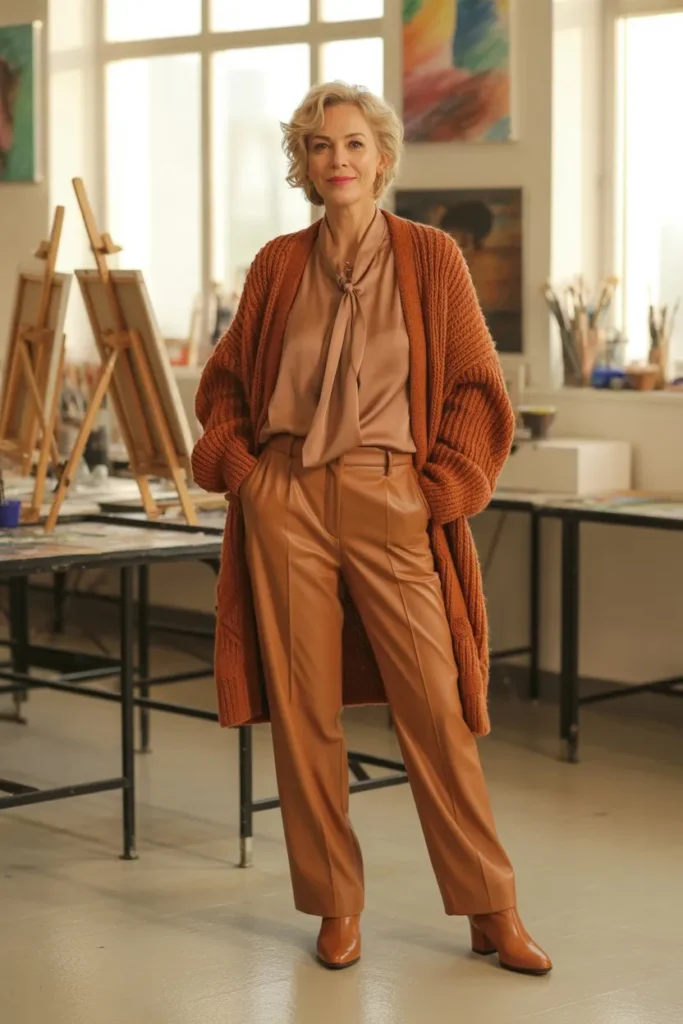 Rust Orange Cardigan and Leather Trousers