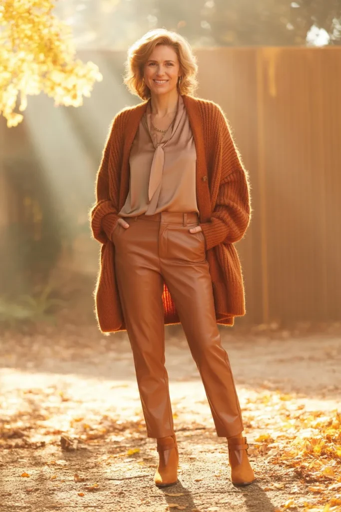 Rust Orange Cardigan and Tan Leather Trousers