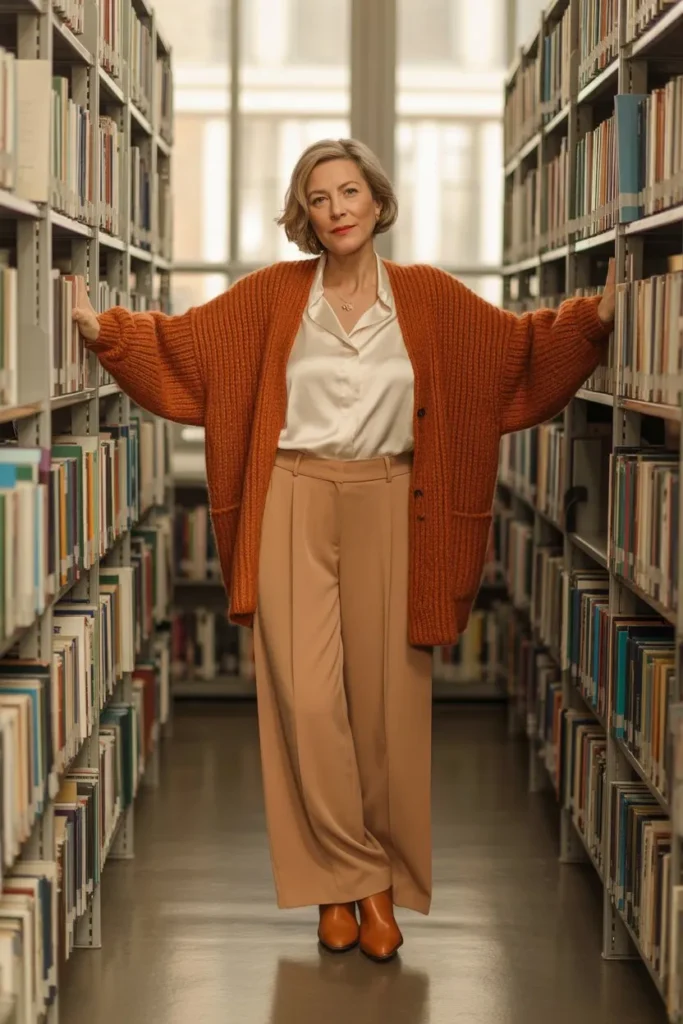  Rust Orange Cardigan and Tan Trousers