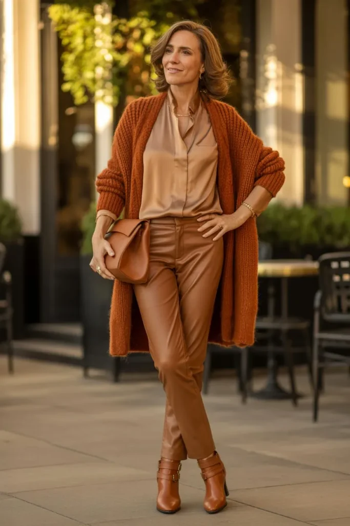 Rust Orange Chunky Cardigan and Tan Leather Trousers
