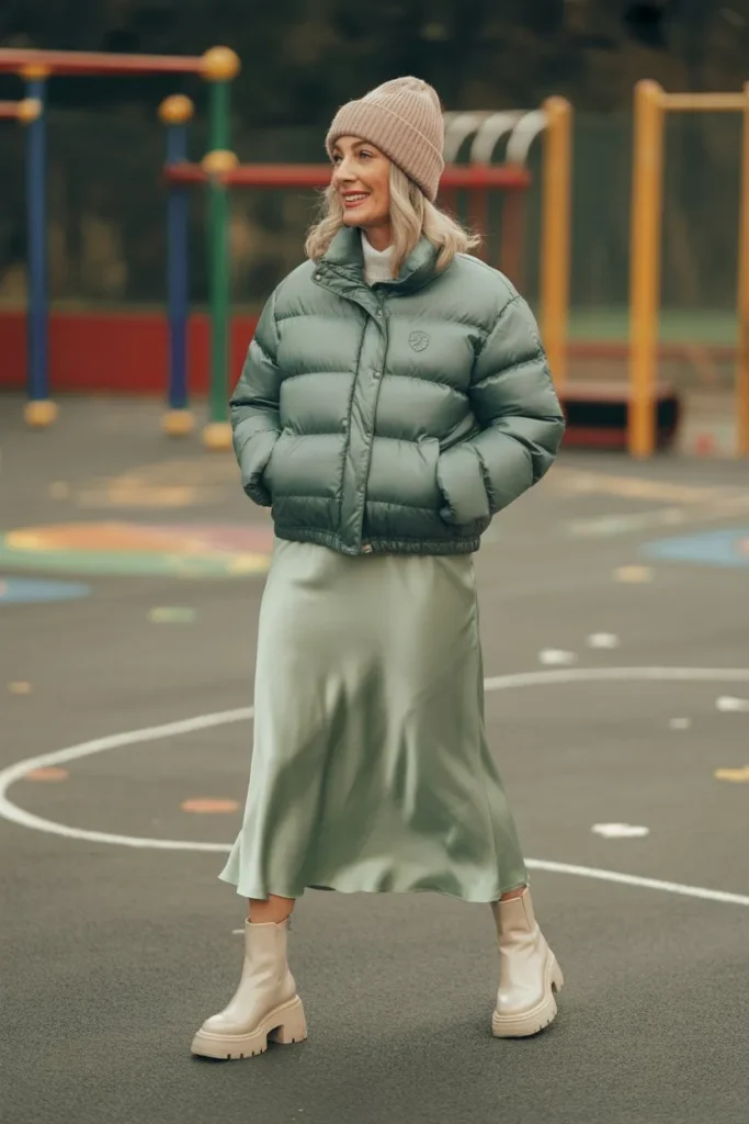 Sage Green Puffer and Satin Midi Skirt