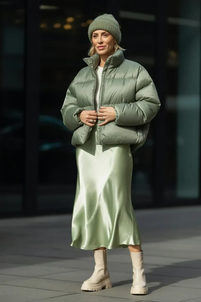 Sage Green Puffer and Satin Slip Midi Skirt