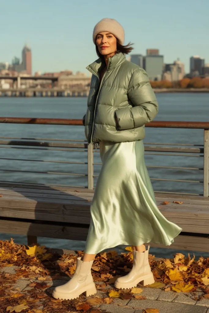 Sage Green Puffer and Satin Slip Skirt