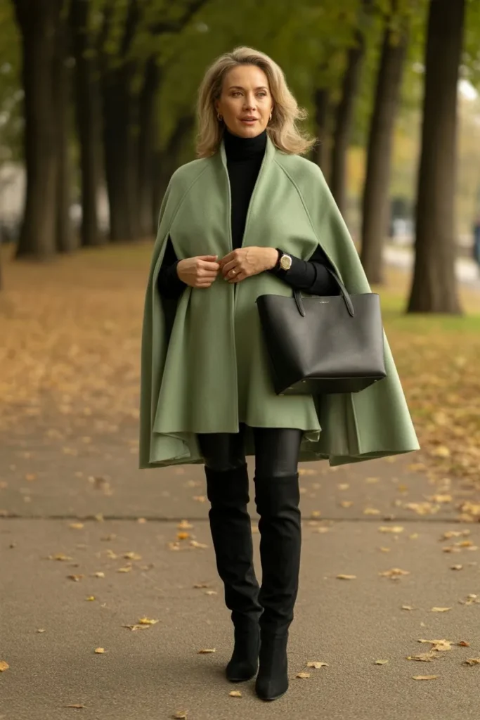 Sage Green Wool Cape and Black Suede Boots
