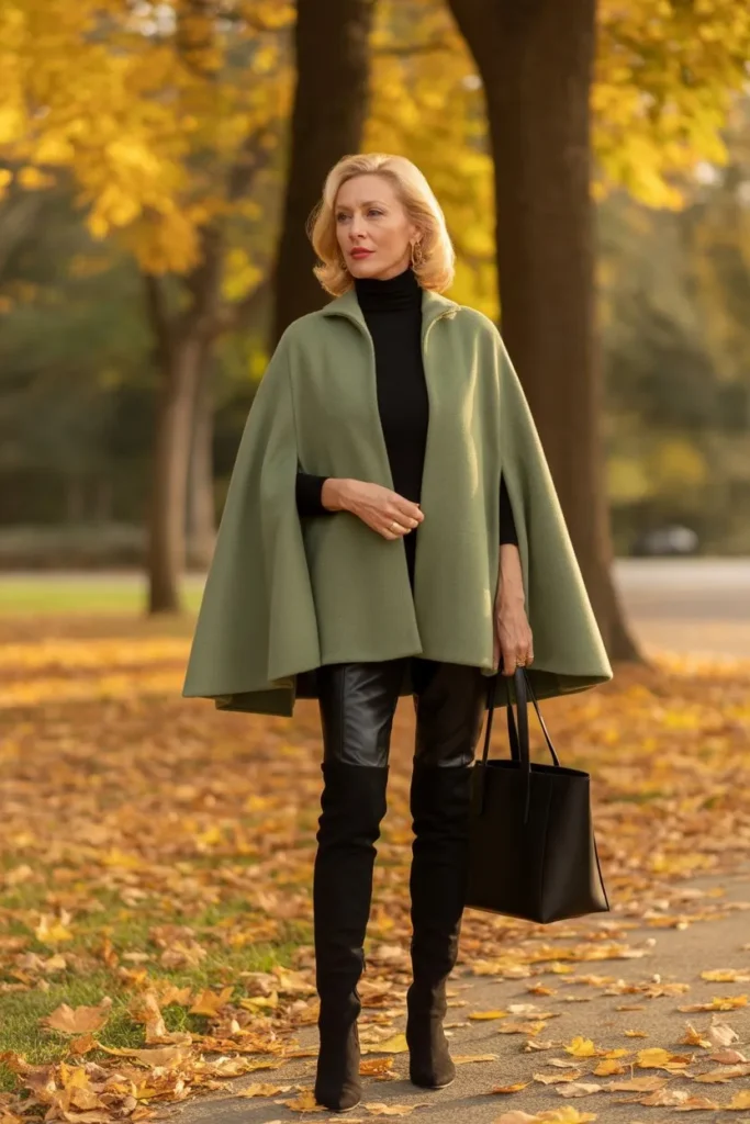 Sage Green Wool Cape and Black Suede Boots