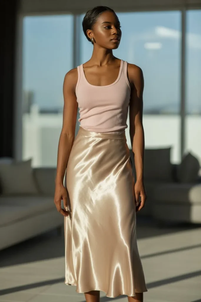 Satin Midi Skirt with Tank Top