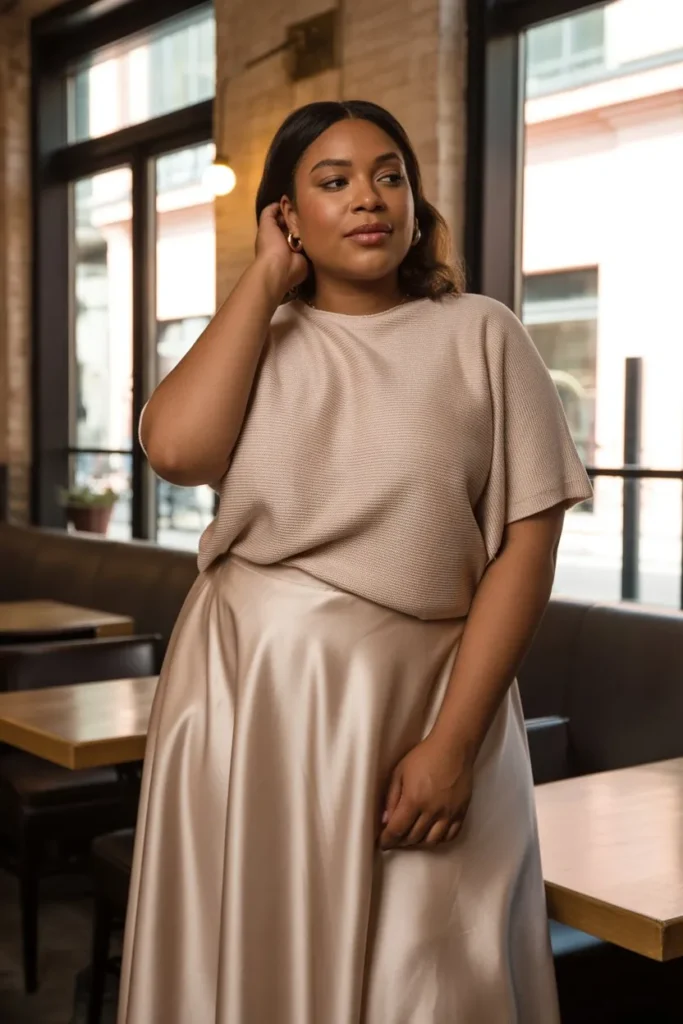 Satin Skirt with Lightweight Knit Top