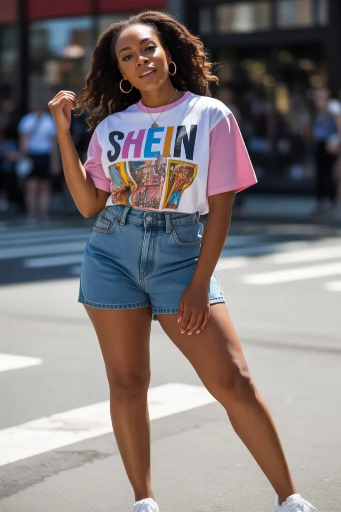 Shein Graphic Tee with Denim Shorts