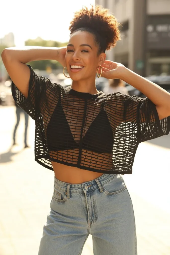 Shein Mesh Top with Bralette and Jeans
