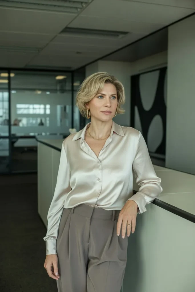 Silk Blouse with High-Waisted Pants