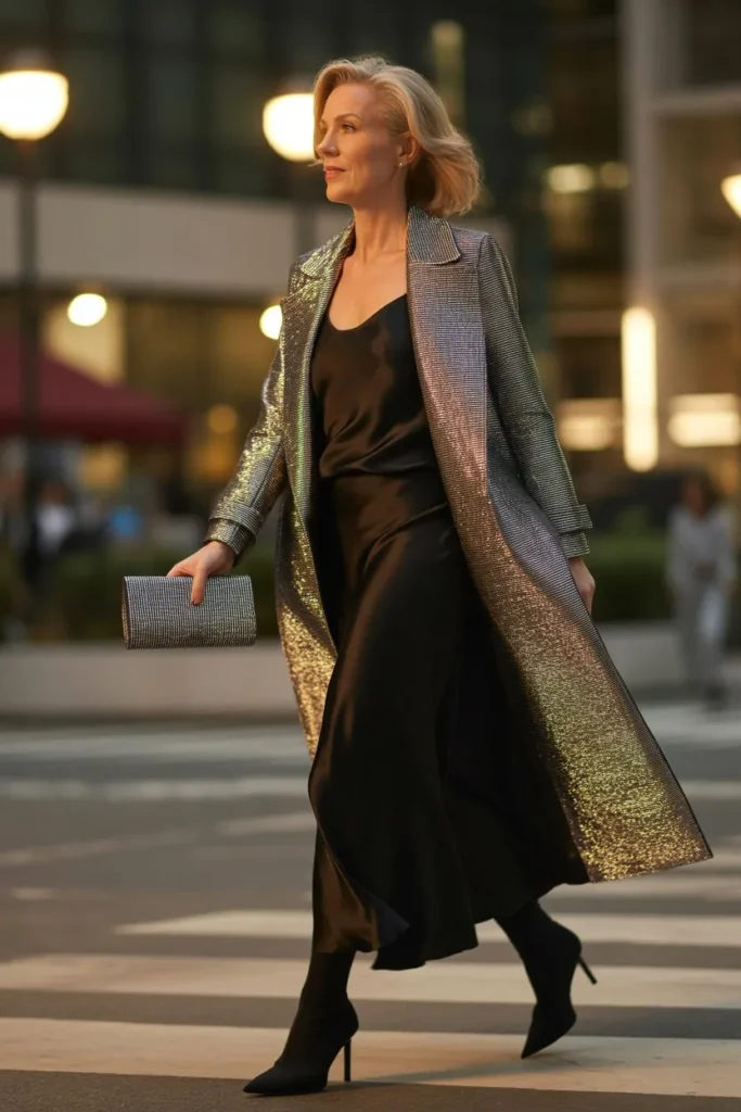 Silver Metallic Trench and Black Silk Slip Skirt