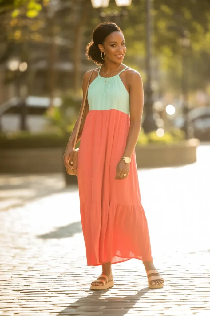 Sleeveless Maxi Dress with Flat Sandals