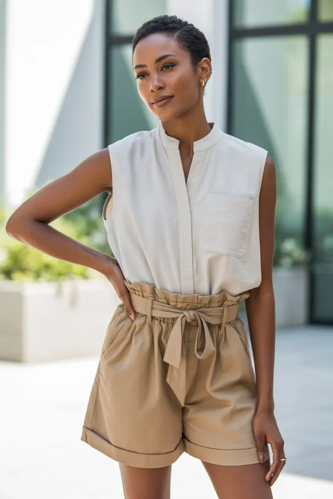 Sleeveless Top with Paperbag Shorts