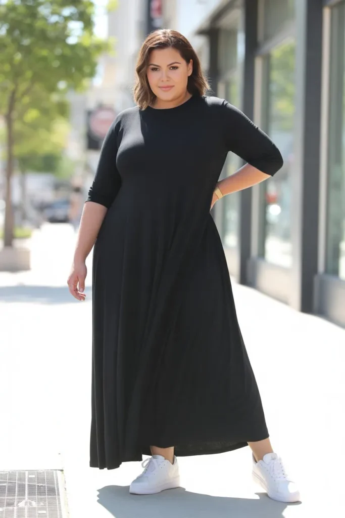Solid Black Maxi Dress with Sneakers