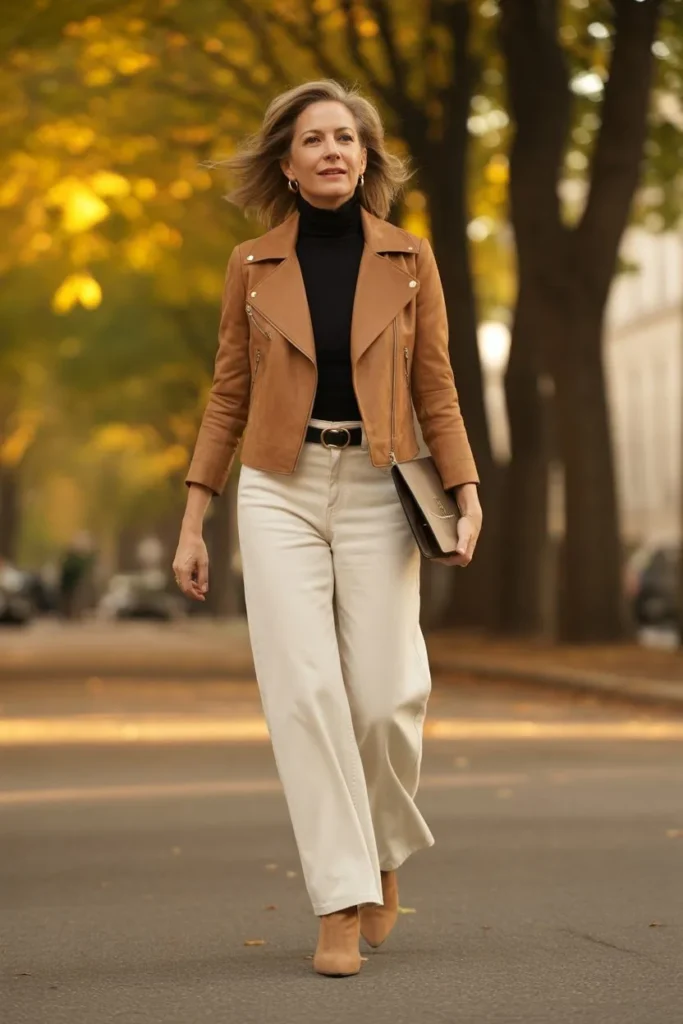 Suede Moto Jacket and Wide Leg Cream Jeans