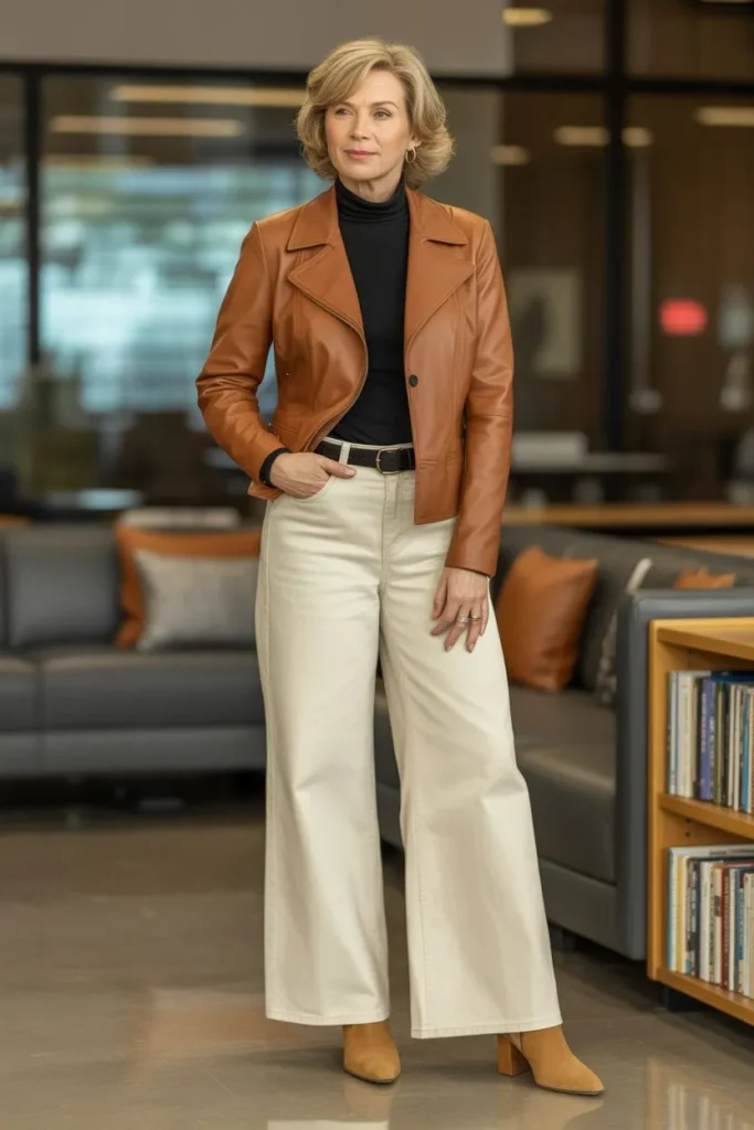 Tan Leather Jacket and Cream Wide-Leg Jeans