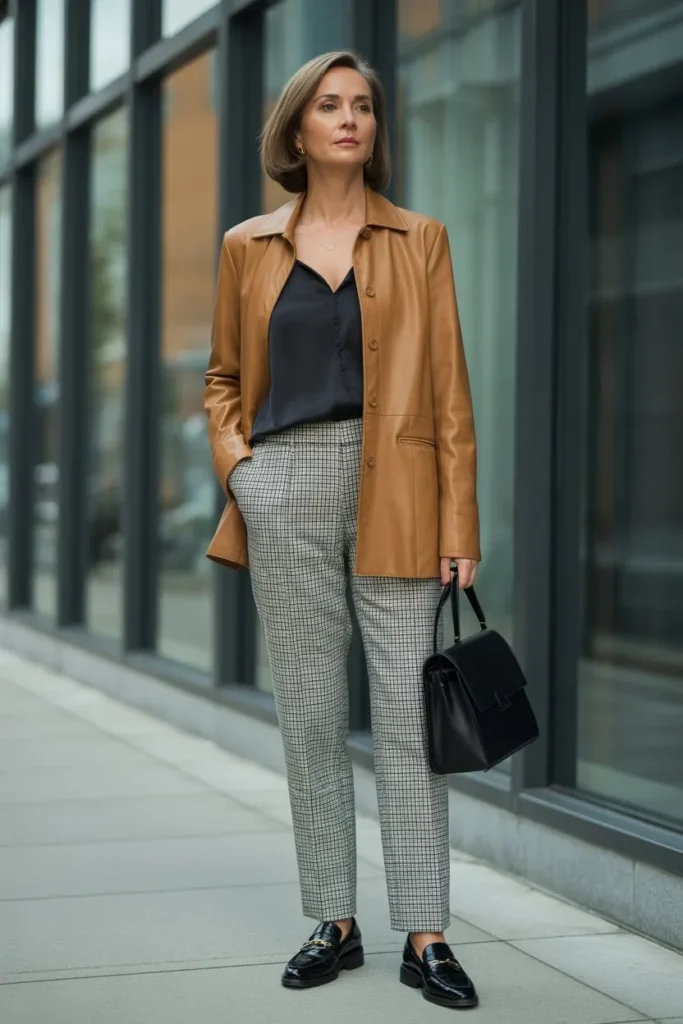 Tan Leather Shirt Jacket and Checked Trousers