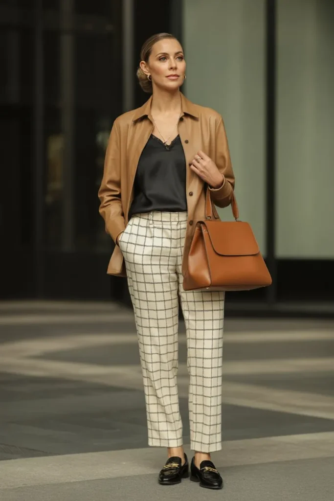 Tan Leather Shirt Jacket and Windowpane Checked Trousers