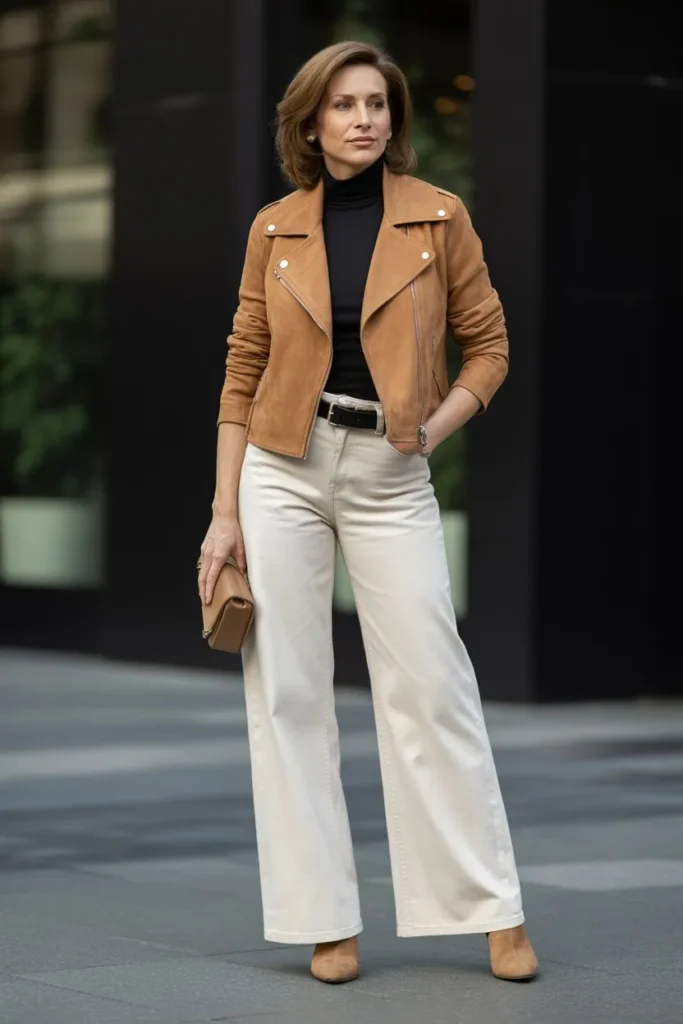 Tan Suede Moto Jacket and Wide-Leg Cream Jeans