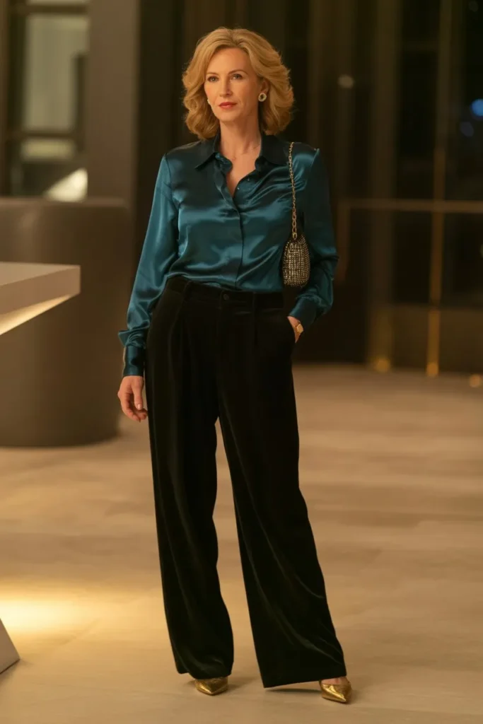 Teal Silk Blouse and Velvet Wide-Leg Pants