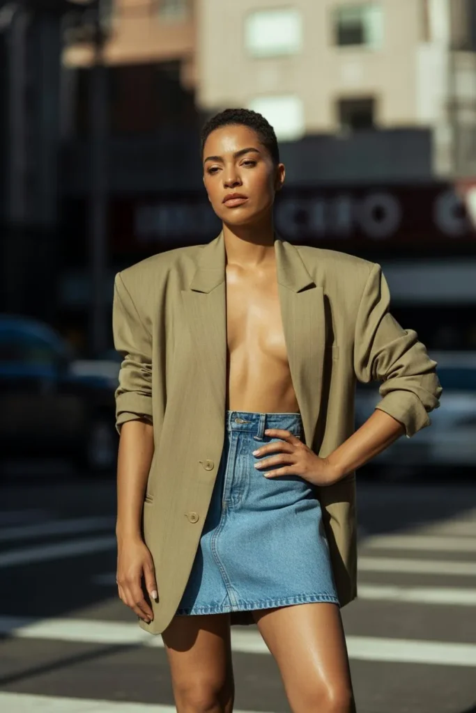 Vintage Blazer with Denim Mini Skirt