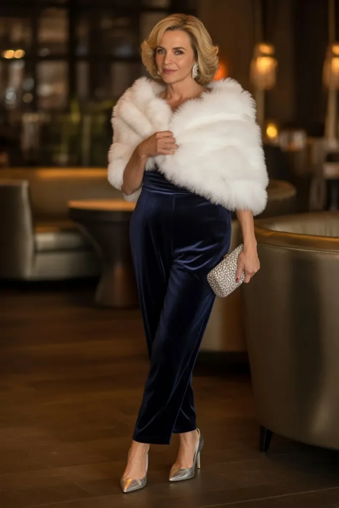White Faux Fur Stole and Navy Velvet Jumpsuit