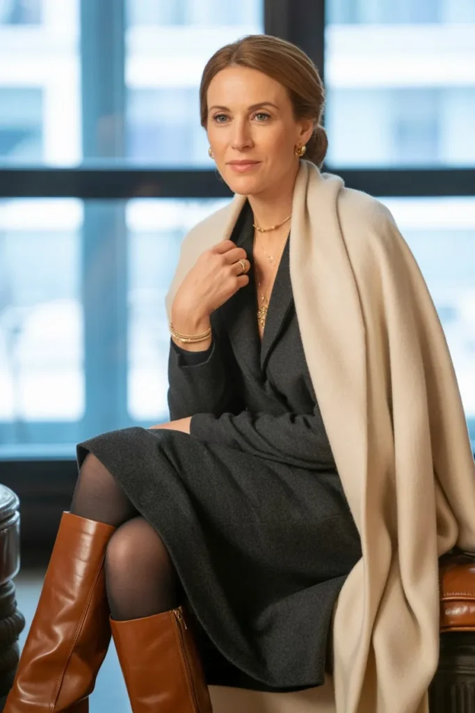 Winter Dress with Layered Tights and Boots