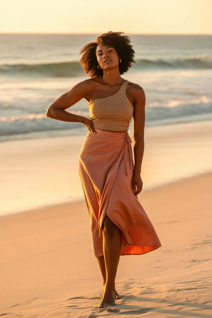 Wrap Midi Skirt with One-Shoulder Top